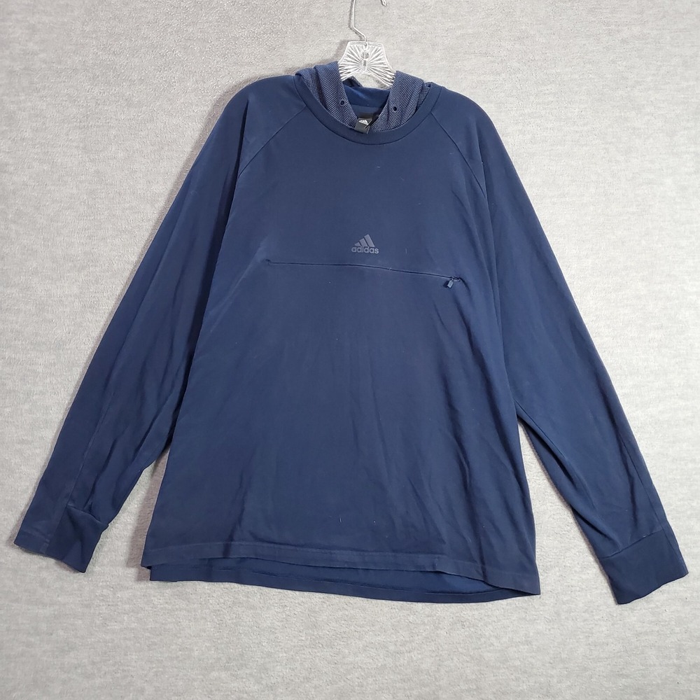 Adidas Men Sweatshirt 2XL Blue Hoodie Logo Zip Pocket 3 Stripe Pullover READ - Picture 1 of 10